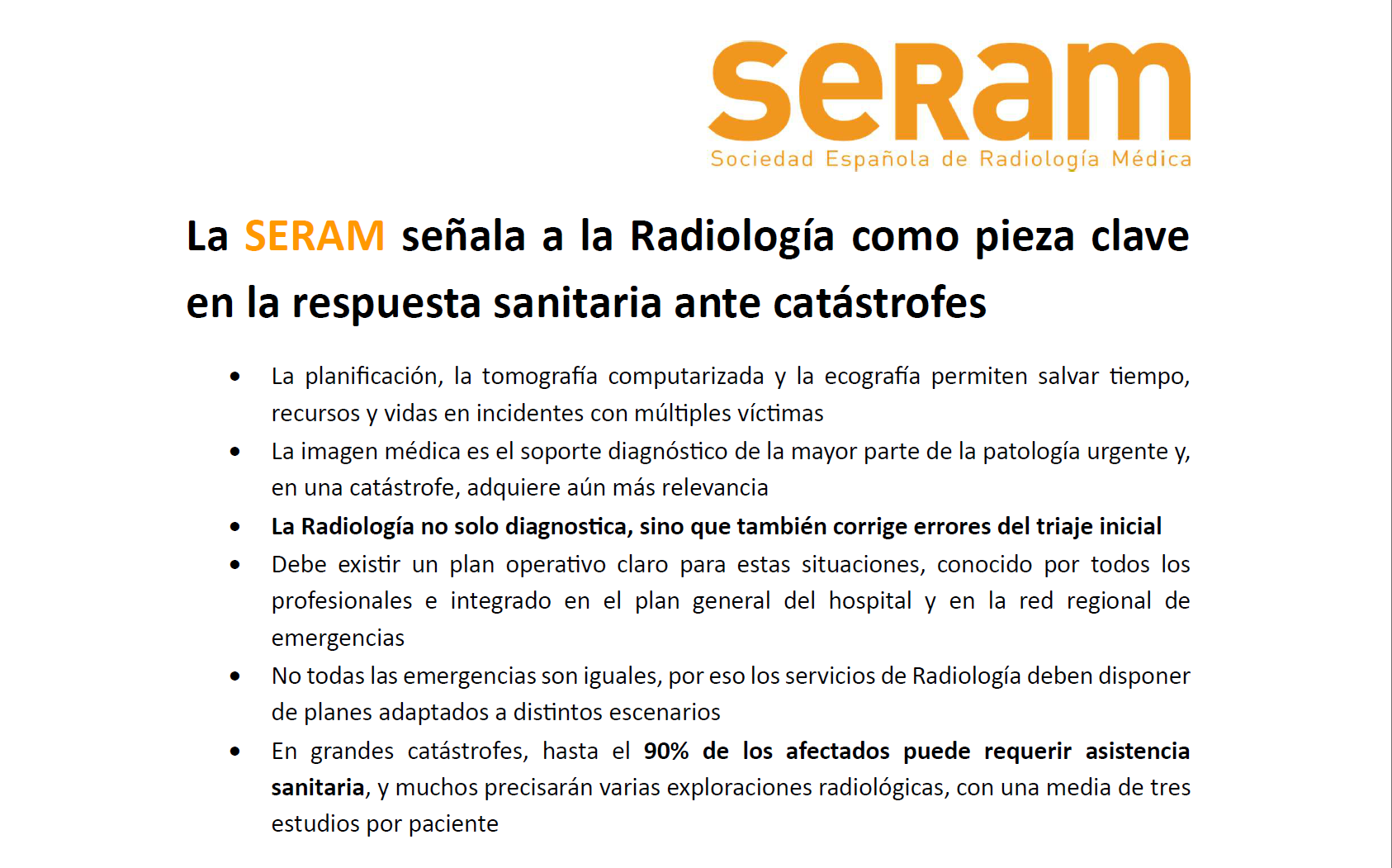 La SERAM señala a la Radiología como pieza clave en la respuesta sanitaria ante catástrofes