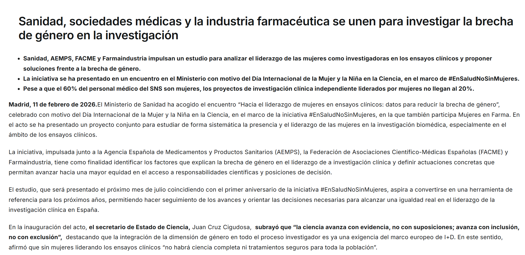 Sanidad, sociedades médicas y la industria farmacéutica se unen para investigar la brecha de género en la investigación