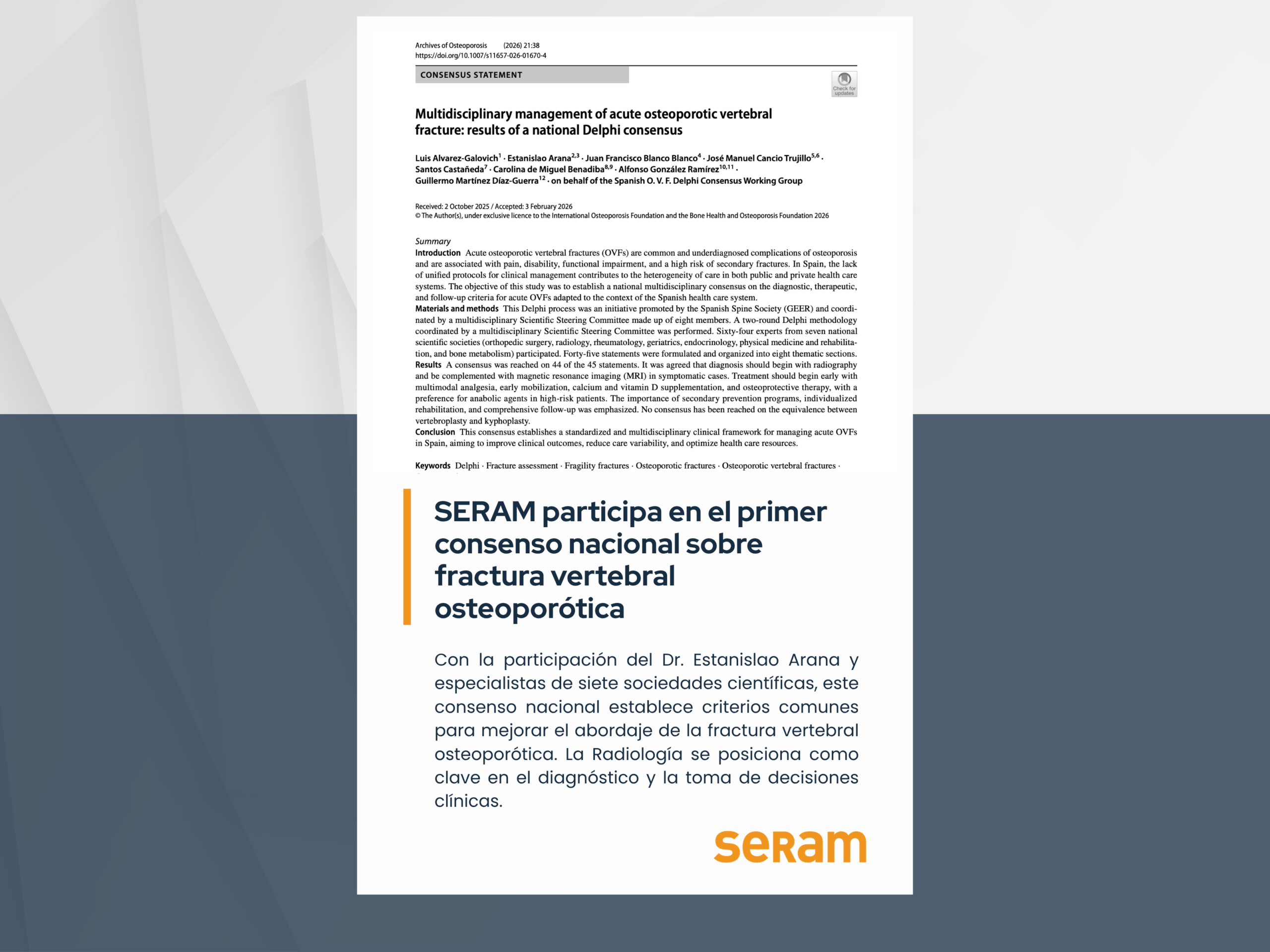 SERAM participa en el primer consenso nacional sobre fractura vertebral osteoporótica para unificar su diagnóstico y manejo