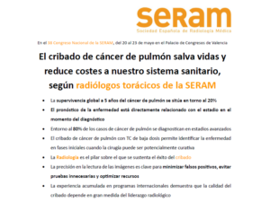 El cribado de cáncer de pulmón salva vidas y reduce costes a nuestro sistema sanitario, según radiólogos torácicos de la SERAM