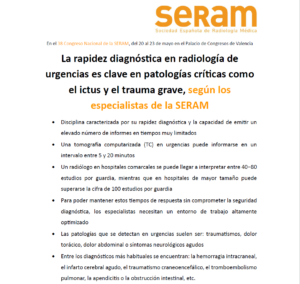 La rapidez diagnóstica en radiología de urgencias es clave en patologías críticas como el ictus y el trauma grave, según los especialistas de la SERAM