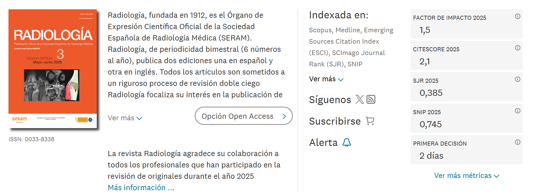 La revista Radiología consigue el mejor Factor de Impacto de su historia con un 1,5 que la sitúa de nuevo en el Q3