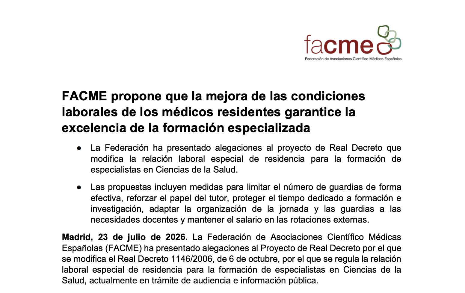La SERAM, como parte de FACME, respalda las alegaciones presentadas al Real Decreto que regula la relación laboral de los médicos residentes