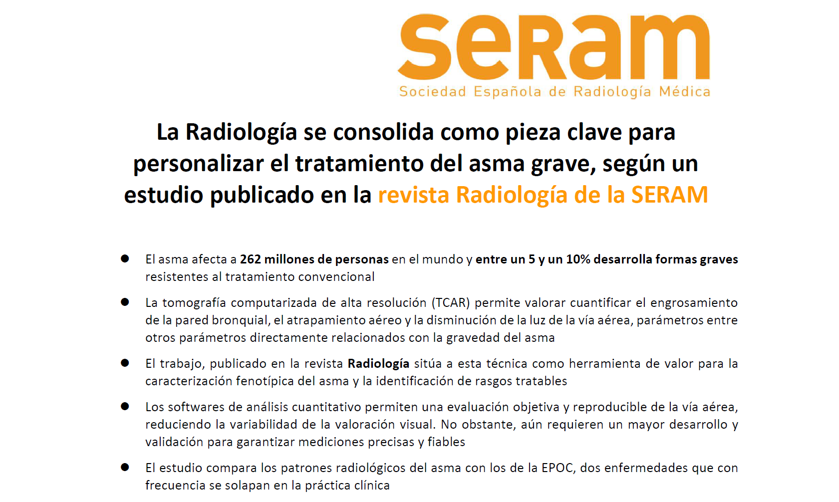 La Radiología se consolida como pieza clave para personalizar el tratamiento del asma grave, según un estudio publicado en la revista Radiología de la SERAM