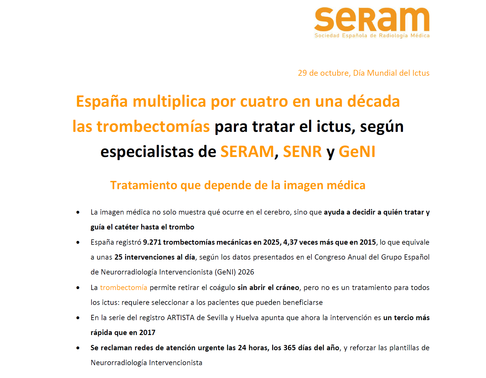 España multiplica por cuatro en una década las trombectomías para tratar el ictus, según especialistas de SERAM, SENR y GeNI