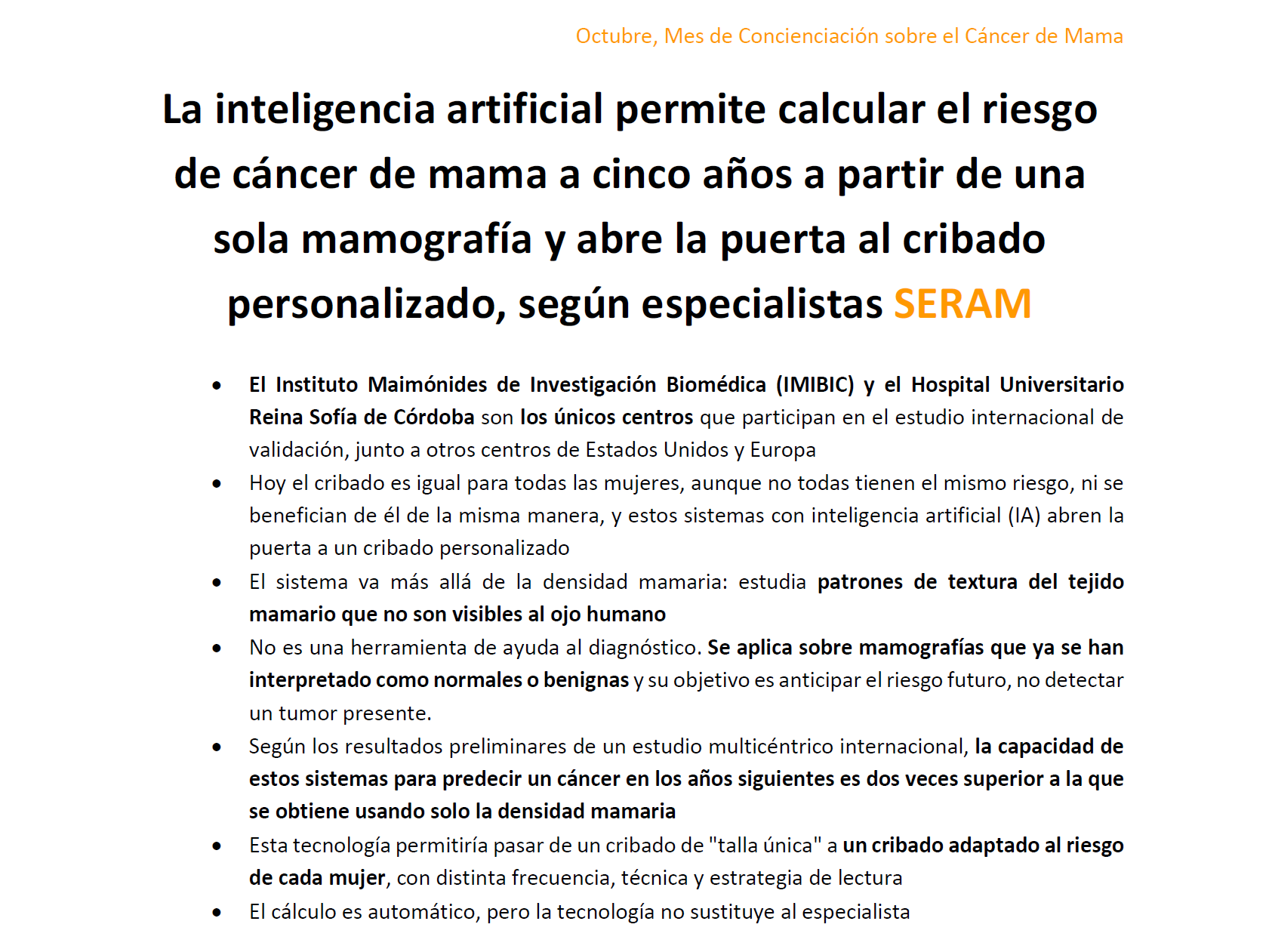 La inteligencia artificial permite calcular el riesgo de cáncer de mama a cinco años a partir de una sola mamografía y abre la puerta al cribado personalizado, según especialistas SERAM